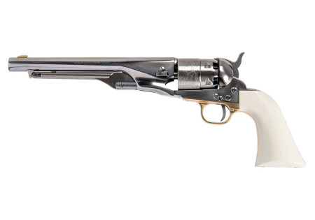 Revolver COLT 1860 ARMY ACIER POLI BLANC OLD SILVER IVOIRINE GRAVE Calibre 44 PIETTA (casosig44)