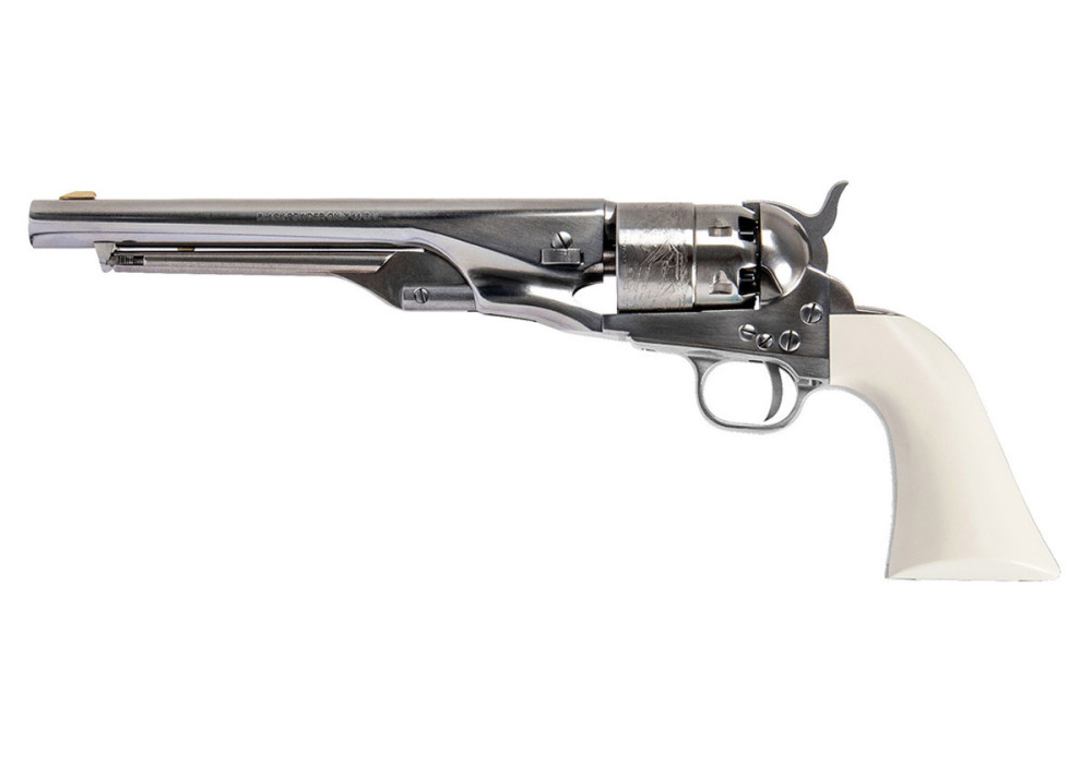 Revolver COLT 1860 ARMY OLD SILVER BANDE ACIER NICKELE GRAVE WHITE Calibre 44 PIETTA (cas44ig/st/os)