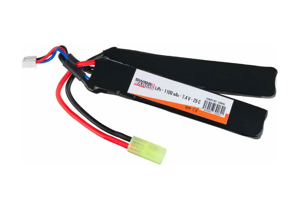 Batterie LIPO 7.4V 1100 mAh 25C 102x20x5.5mm 2 STICKS SWISS ARMS V2