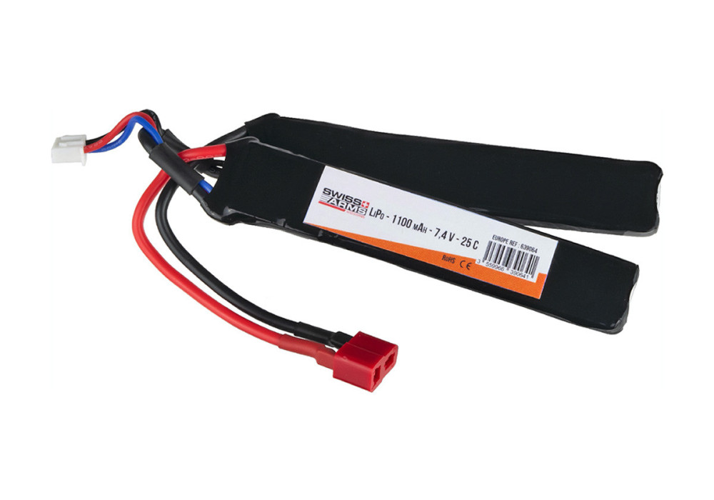 Batterie LIPO 7.4V 1100 mAh 25C 102x20x5.5mm 2 STICKS T-DEANS SWISS ARMS V2