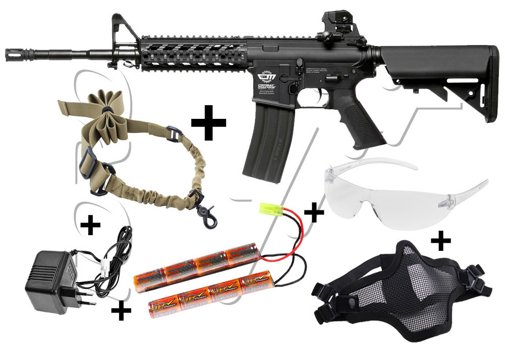 Pack FUSIL CM16 RAIDER L BLACK AEG G&G ARMAMENT + ACCESSOIRES