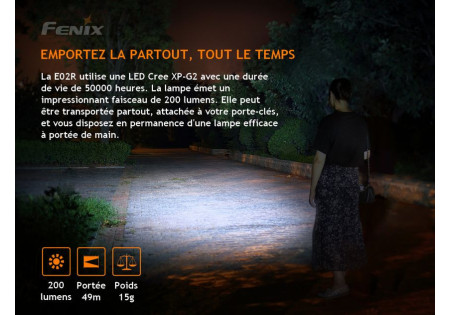 Lampe tactique FENIX E02R 200 LUMENS BLACK