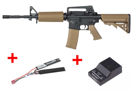 Pack fusil SA-C01 CORE M4 LONG METAL FIBRE DE NYLON BLACK TAN SPECNA ARMS + BATTERIE LIPO + CHARGEUR BATTERIE LIPO