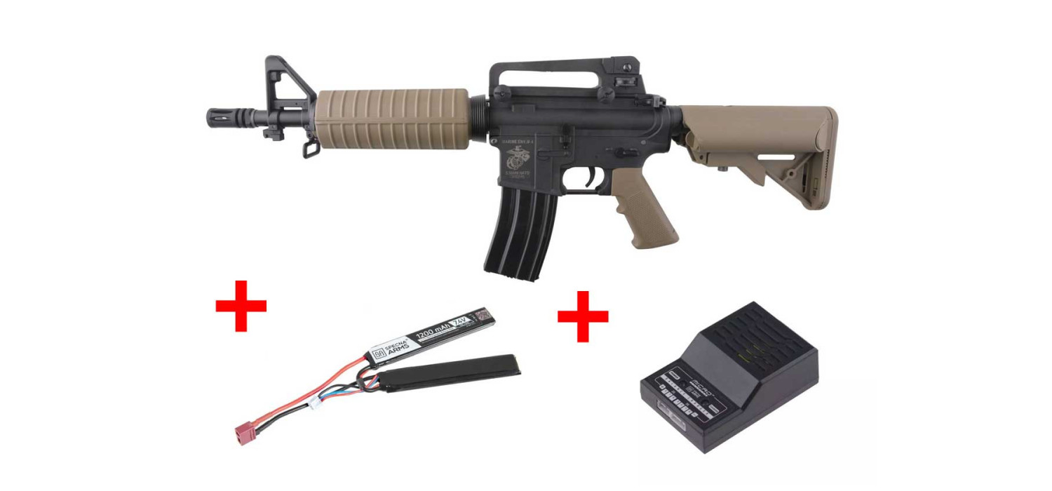 Pack fusil SA-C02 CORE M4 COURT METAL FIBRE DE NYLON BLACK TAN SPECNA ARMS + BATTERIE LIPO + CHARGEUR BATTERIE LIPO