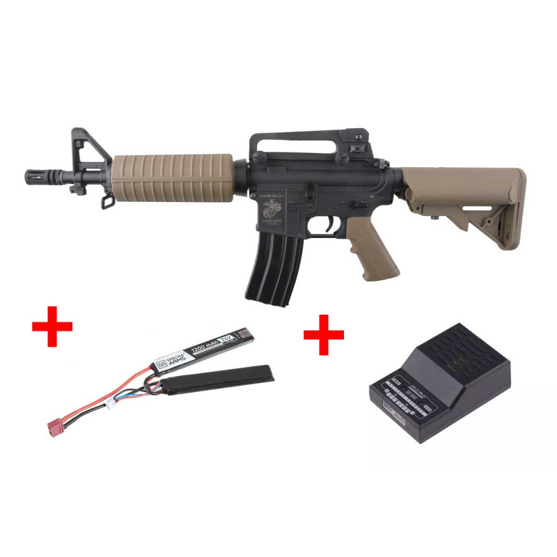 Pack fusil SA-C02 CORE M4 COURT METAL FIBRE DE NYLON BLACK TAN SPECNA ARMS + BATTERIE LIPO + CHARGEUR BATTERIE LIPO