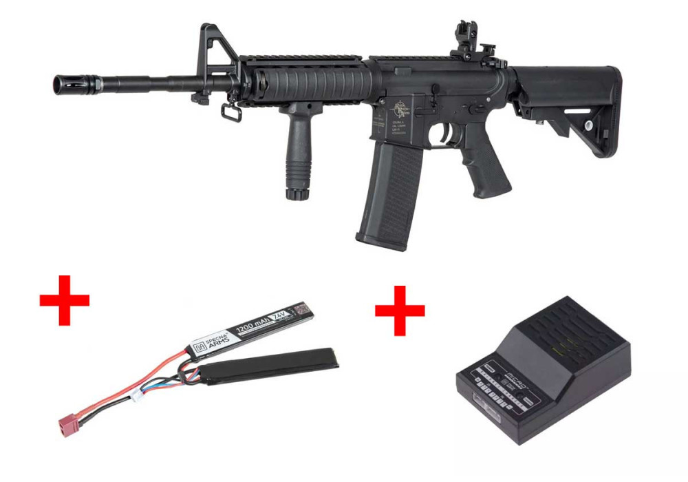 Pack fusil SA-C03 CORE M4 RIS LONG METAL FIBRE DE NYLON BLACK SPECNA ARMS + BATTERIE LIPO + CHARGEUR BATTERIE LIPO