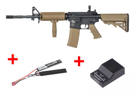 Pack fusil SA-C03 CORE M4 RIS LONG METAL FIBRE DE NYLON BLACK TAN SPECNA ARMS + BATTERIE LIPO + CHARGEUR BATTERIE LIPO