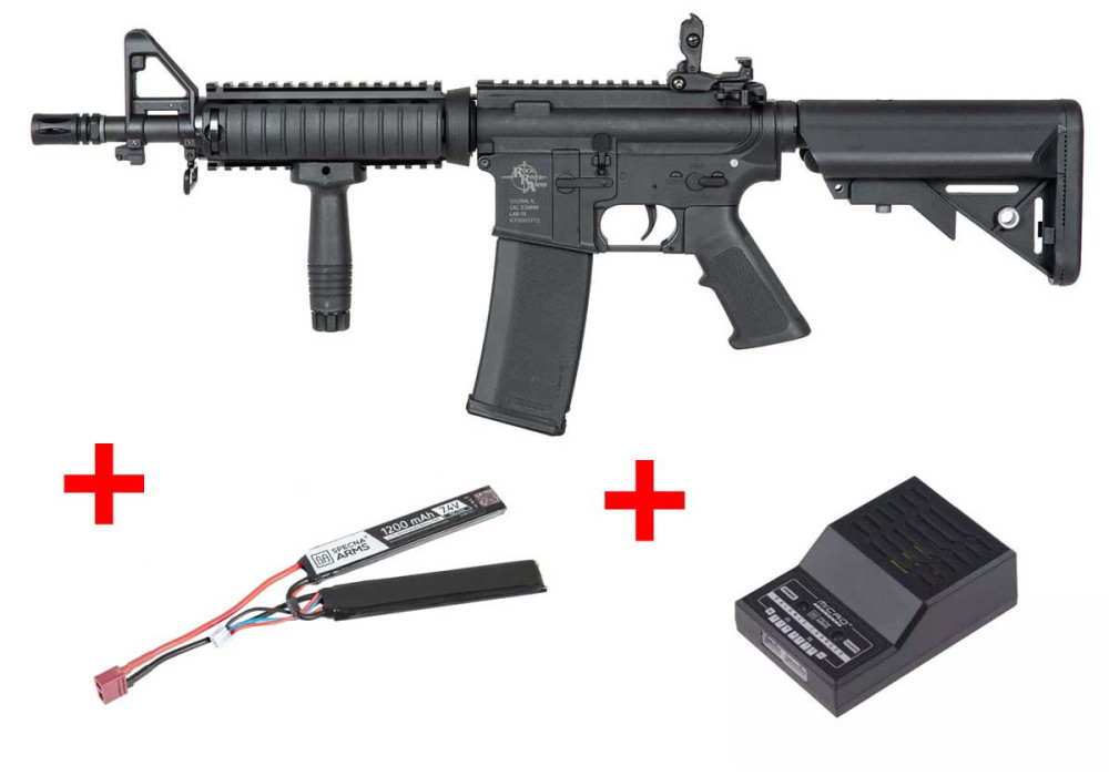 Pack fusil SA-C04 CORE M4 RIS COURT METAL FIBRE DE NYLON BLACK SPECNA ARMS + BATTERIE LIPO + CHARGEUR BATTERIE LIPO