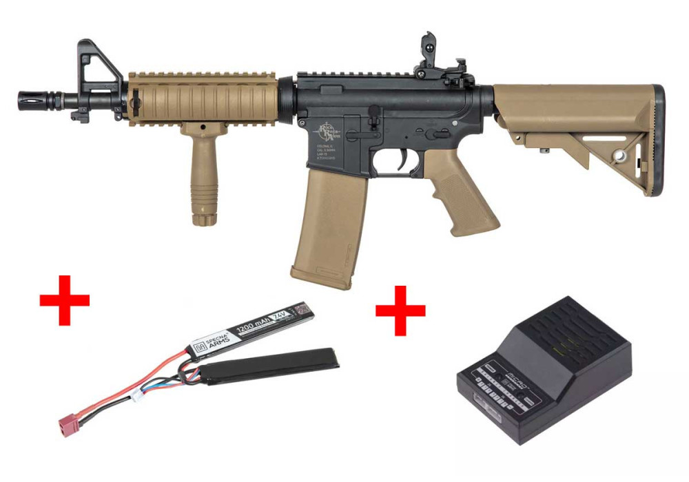 Pack fusil SA-C04 CORE M4 RIS COURT METAL FIBRE DE NYLON BLACK TAN SPECNA ARMS + BATTERIE LIPO + CHARGEUR BATTERIE LIPO