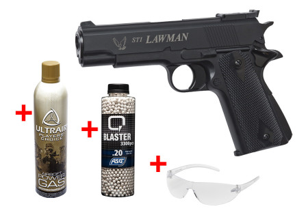 Pack Pistolet 1911 STI LAWMAN ABS GAZ + BILLES + GAZ + LUNETTE ASG