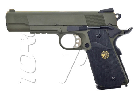 Pistolet COLT 1911 RAILED MEU GRIP BLOWBACK GAZ WE OLIVE