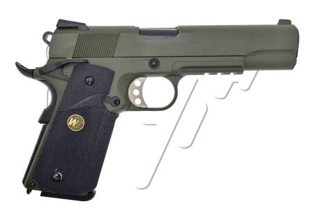 Pistolet COLT 1911 RAILED MEU GRIP BLOWBACK GAZ WE OLIVE