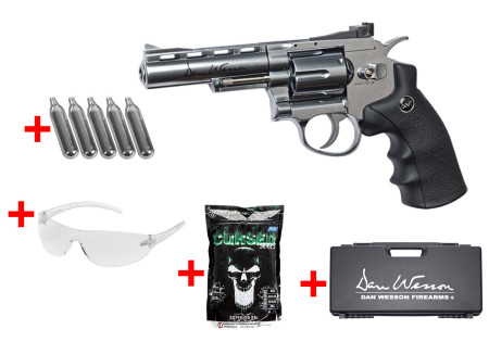 Pack Revolver DAN WESSON 4" CO2 SILVER + MALLETTE + SPARCLETTES + BILLES + LUNETTE ASG