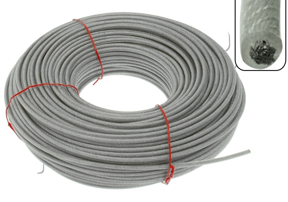 CABLE A FILET ACIER + GAINE TRANSPARENTE 3/5MM - BOBINE DE 100 M