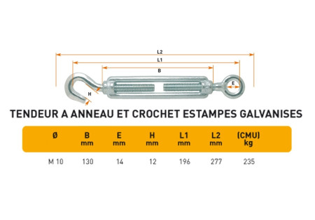 Tendeur ANNEAU + CROCHET POUR CABLE JUSQU'A 10MM