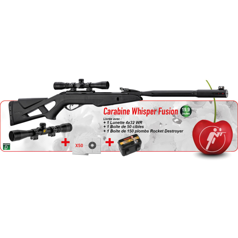 Pack carabine 4.5mm (Plomb) GAMO WHISPER FUSION + LUNETTE 4X32 + CIBLES + PLOMBS