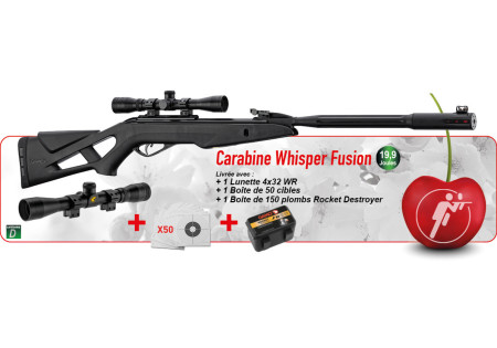 Pack carabine 4.5mm (Plomb) GAMO WHISPER FUSION + LUNETTE 4X32 + CIBLES + PLOMBS