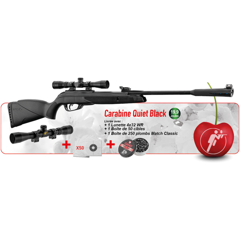 Pack carabine 4.5mm (Plomb) GAMO QUIET BLACK + LUNETTE 4X32 + CIBLES + PLOMBS