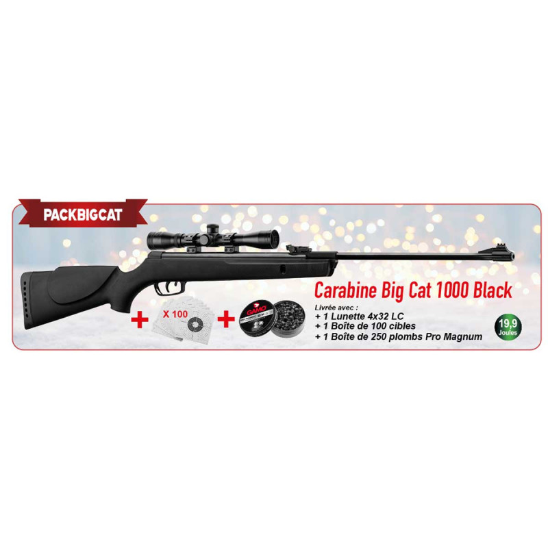 Pack carabine 4.5mm (Plomb) GAMO BIG CAT 1000 BLACK + LUNETTE 4X32 + CIBLES + PLOMBS