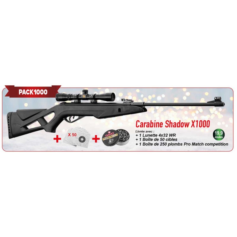 Pack carabine 4.5mm (Plomb) GAMO SHADOW X1000 BLACK + LUNETTE 4X32 WR + CIBLES + PLOMBS