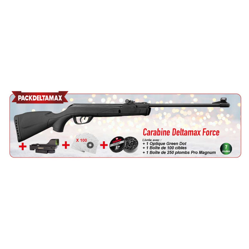 Pack carabine 4.5mm (Plomb) GAMO DELTAMAX FORCE BLACK + LUNETTE OPTIQUE GREEN DOT + CIBLES + PLOMBS