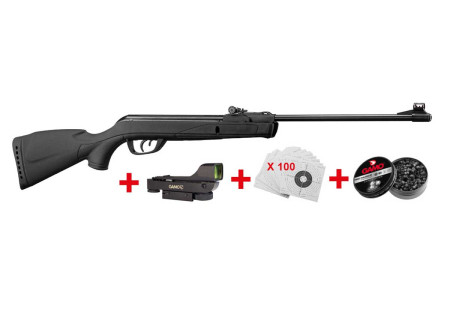 Pack carabine 4.5mm (Plomb) GAMO DELTAMAX FORCE BLACK + LUNETTE OPTIQUE GREEN DOT + CIBLES + PLOMBS