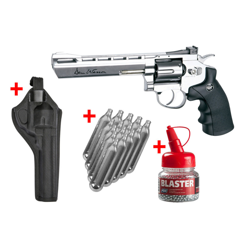 Pack REVOLVER 4.5mm (Billes) DAN WESSON 6" CO2 SILVER + SPARCLETTES + BILLES + HOLSTER ASG