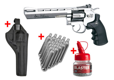 Pack REVOLVER 4.5mm (Billes) DAN WESSON 6" CO2 SILVER + SPARCLETTES + BILLES + HOLSTER ASG