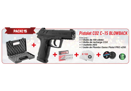 PACK pistolet 4.5mm (Billes et plombs) GAMO C15 BLOWBACK CO2 BLACK + SPARCLETTES + CIBLES + MALLETTE + PLOMBS