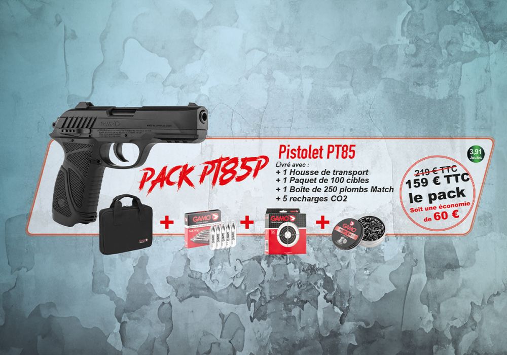 Pack Pistolet 4.5mm (Plomb) PT85 BLOWBACK CO2 BLACK + HOUSSE DE TRANSPORT + PLOMBS + SPARCLETTES + CIBLES GAMO