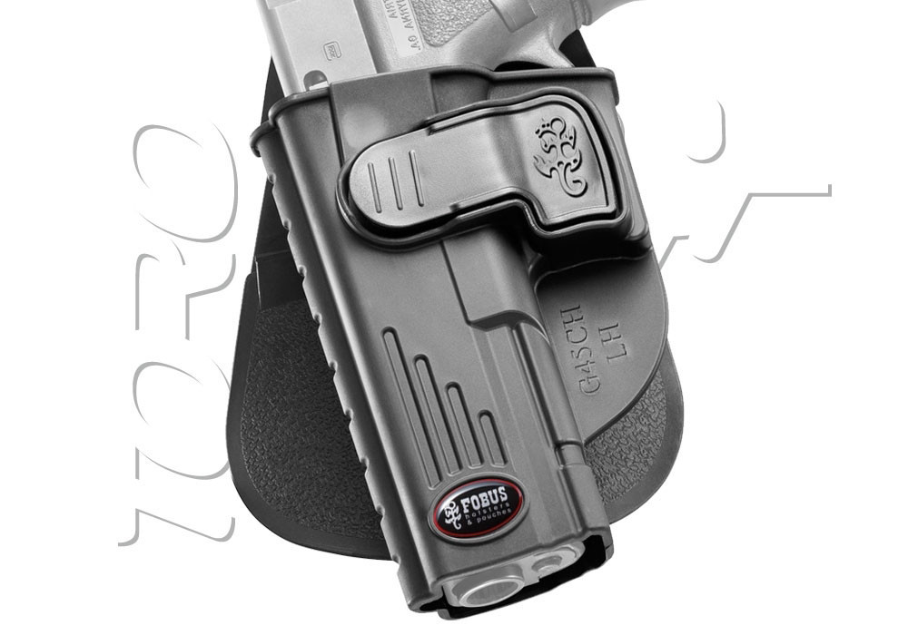 Holster RIGIDE CEINTURE ROTATIF GAUCHER + RETENTION GLOCK 45 FOBUS